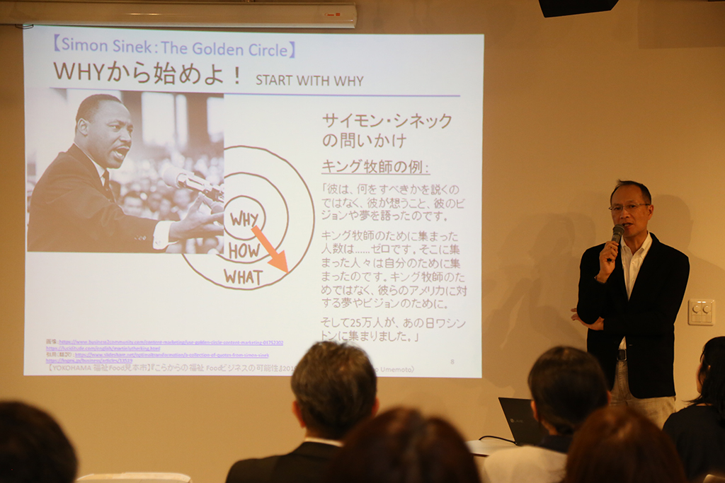会場風景の写真です。これは、梅本先生がスライドを使いながら講座している様子です。スライドには、キング牧師が写っています。